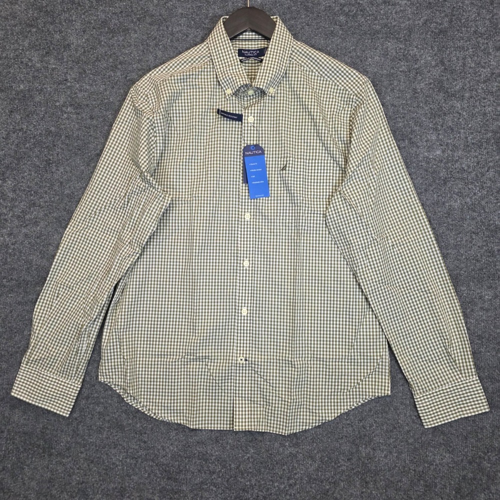 Nautica Shirt Mens L Green Gingham Classic Fit Wrinkle Resistant Button Down NWT